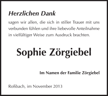 Traueranzeige von Sophie Zörgiebel von Odenwälder Echo