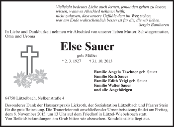 Traueranzeige von Else Sauer von Odenwälder Echo