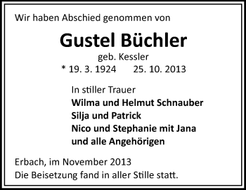 Traueranzeige von Gustel Büchler von Odenwälder Echo