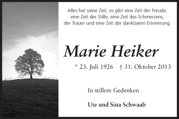 Traueranzeige von Marie Heiker von Rüsselsheimer Echo, Groß-Gerauer-Echo, Ried Echo