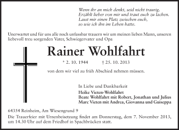 Traueranzeige von Rainer Wohlfahrt von Echo-Zeitungen (Gesamtausgabe)