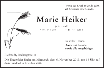 Traueranzeige von Marie Heiker von Rüsselsheimer Echo, Groß-Gerauer-Echo, Ried Echo