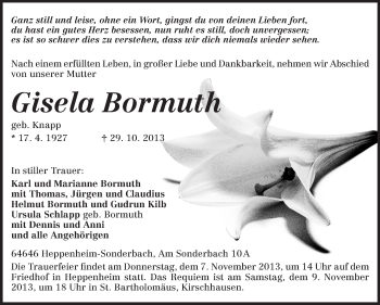 Traueranzeige von Gisela Bormuth von Starkenburger Echo
