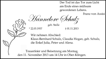 Traueranzeige von Hannelore Schulz von Echo-Zeitungen (Gesamtausgabe)