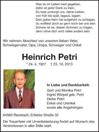 Traueranzeige von Heinrich Petri von Rüsselsheimer Echo, Groß-Gerauer-Echo, Ried Echo