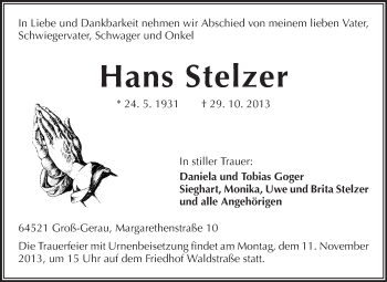 Traueranzeige von Hans Stelzer von Rüsselsheimer Echo, Groß-Gerauer-Echo, Ried Echo