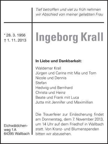 Traueranzeige von Ingeborg Krall von Echo-Zeitungen (Gesamtausgabe)