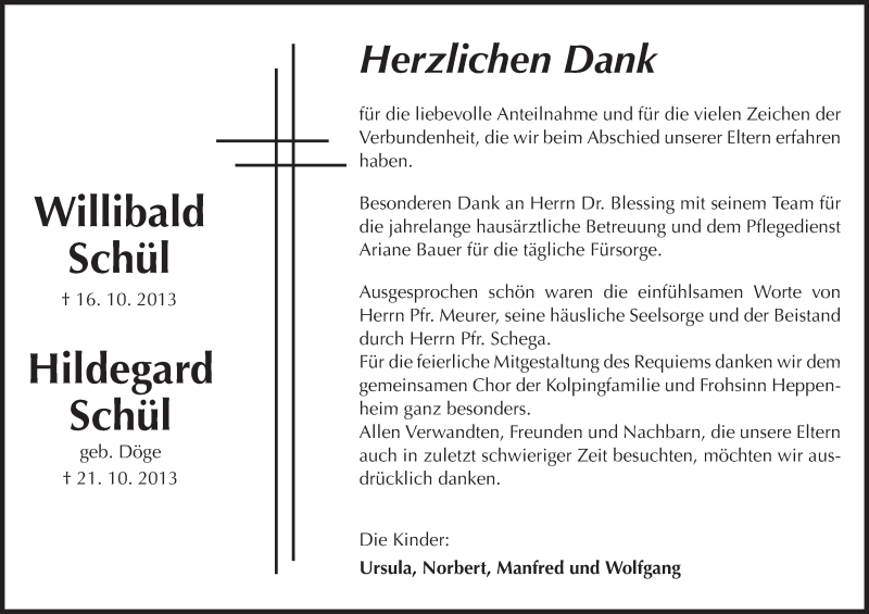  Traueranzeige für Willibald und Hildegard Schül vom 09.11.2013 aus Starkenburger Echo