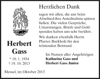 Traueranzeige von Herbert Gass von Echo-Zeitungen (Gesamtausgabe)