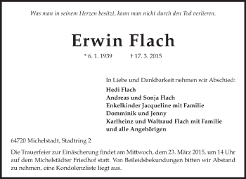 Traueranzeige von Erwin Flach von Odenwälder Echo