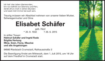 Traueranzeige von Elisabeth Schäfer von Rüsselsheimer Echo, Groß-Gerauer-Echo, Ried Echo