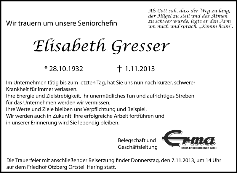  Traueranzeige für Elisabeth Sonja Gresser vom 05.11.2013 aus Echo-Zeitungen (Gesamtausgabe)