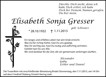 Traueranzeige von Elisabeth Sonja Gresser von Echo-Zeitungen (Gesamtausgabe)