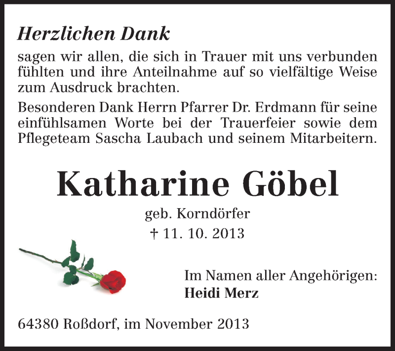 Traueranzeige für Katharine Göbel vom 09.11.2013 aus Echo-Zeitungen (Gesamtausgabe)