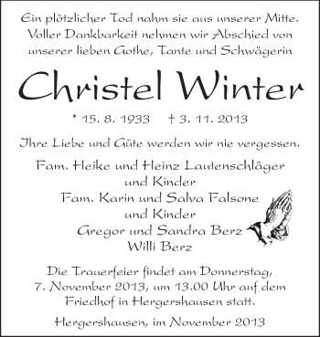 Traueranzeige von Christel Winter von Echo-Zeitungen (Gesamtausgabe)