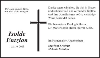 Traueranzeige von Isolde Entzian von Echo-Zeitungen (Gesamtausgabe)