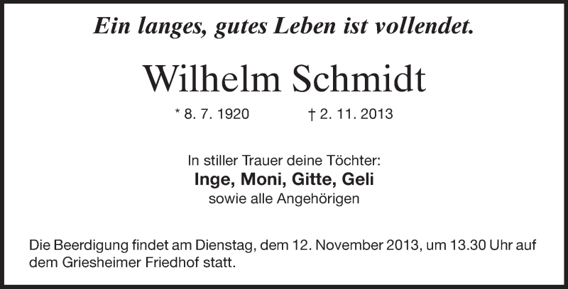  Traueranzeige für Wilhelm Schmidt vom 08.11.2013 aus Echo-Zeitungen (Gesamtausgabe)