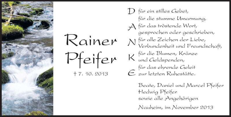  Traueranzeige für Rainer Pfeifer vom 09.11.2013 aus Rüsselsheimer Echo, Groß-Gerauer-Echo, Ried Echo