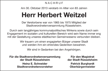 Traueranzeige von Herbert Weitzel von Rüsselsheimer Echo, Groß-Gerauer-Echo, Ried Echo
