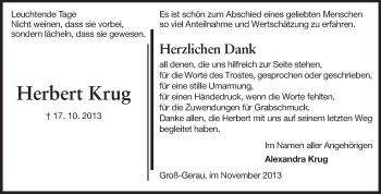 Traueranzeige von Herbert Krug von Rüsselsheimer Echo, Groß-Gerauer-Echo, Ried Echo