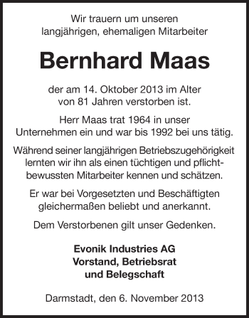 Traueranzeige von Bernhard Maas von Echo-Zeitungen (Gesamtausgabe)