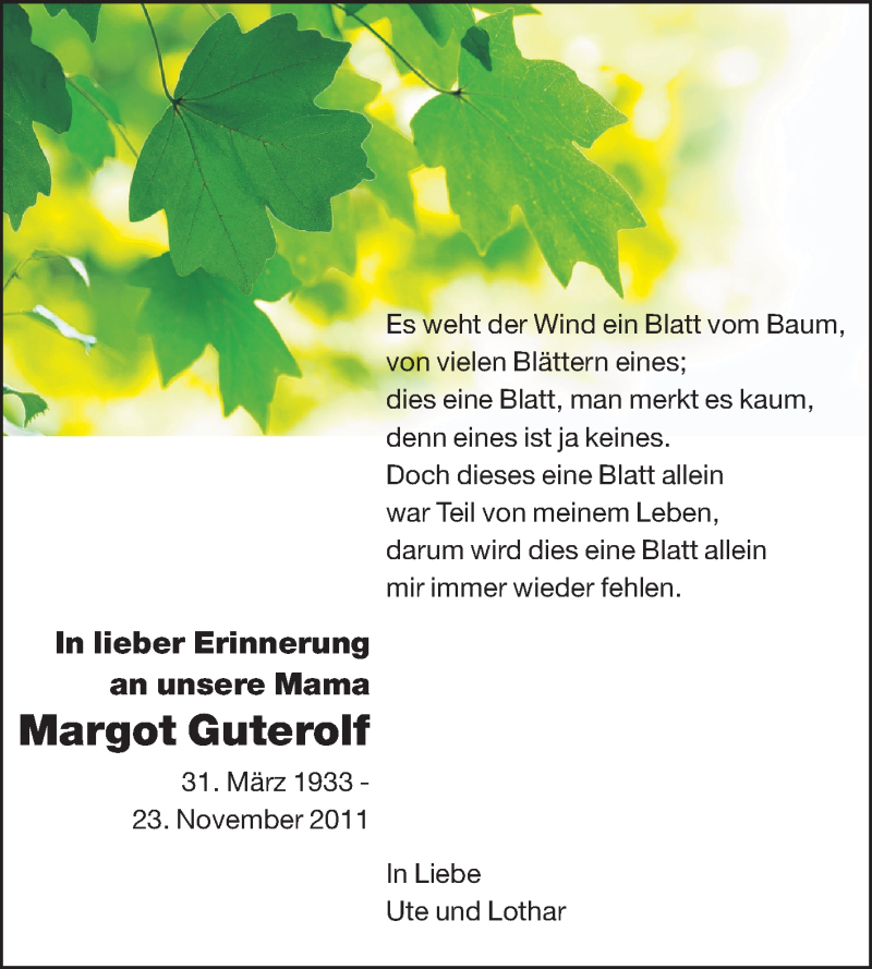  Traueranzeige für Margot Guterolf vom 23.11.2013 aus Rüsselsheimer Echo, Groß-Gerauer-Echo, Ried Echo