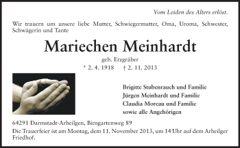 Traueranzeige von Mariechen Meinhardt von Echo-Zeitungen (Gesamtausgabe)