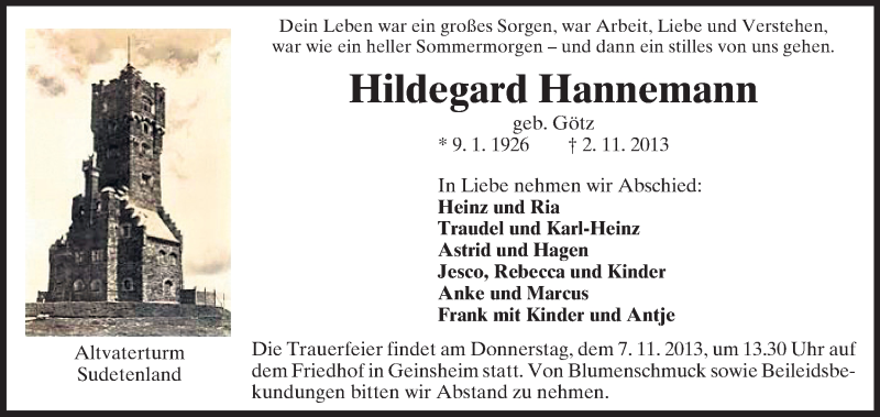  Traueranzeige für Hildegard Hannemann vom 06.11.2013 aus Rüsselsheimer Echo, Groß-Gerauer-Echo, Ried Echo