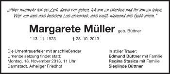 Traueranzeige von Margarete Müller von Darmstädter Echo, Odenwälder Echo, Rüsselsheimer Echo, Groß-Gerauer-Echo, Ried Echo