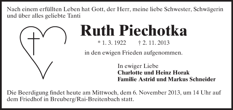  Traueranzeige für Ruth Piechotka vom 06.11.2013 aus Odenwälder Echo