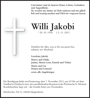 Traueranzeige von Willi Jakobi von Starkenburger Echo, Bergsträßer Anzeiger