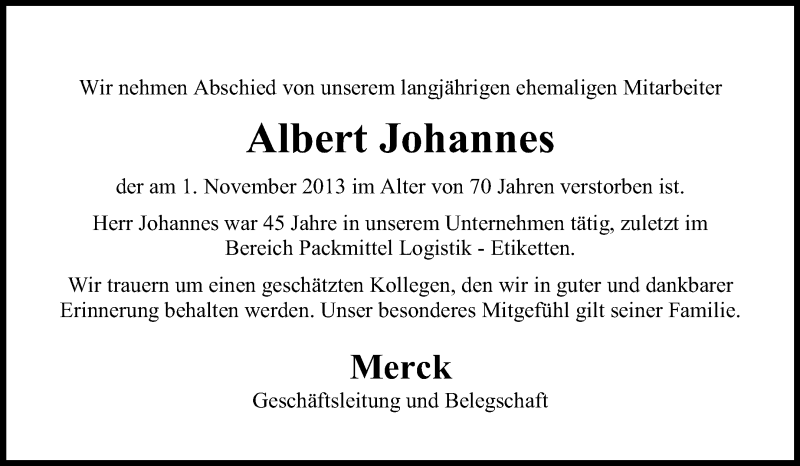  Traueranzeige für Adalbert Johannes vom 07.11.2013 aus Echo-Zeitungen (Gesamtausgabe)