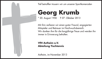 Traueranzeige von Georg Krumb von Rüsselsheimer Echo, Groß-Gerauer-Echo, Ried Echo