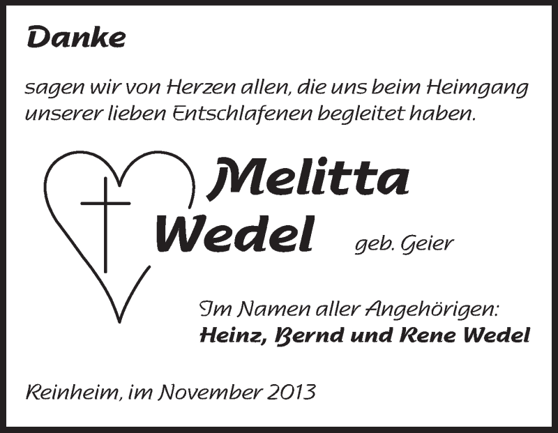  Traueranzeige für Melitta Wedel vom 09.11.2013 aus Echo-Zeitungen (Gesamtausgabe)