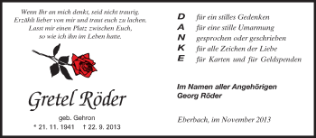 Traueranzeige von Gretel Röder von Odenwälder Echo