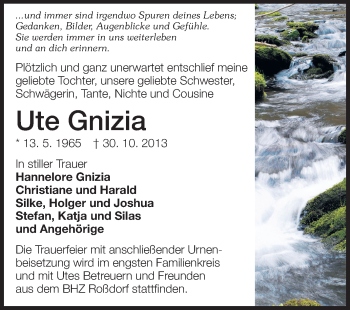 Traueranzeige von Ute Gnizia von Echo-Zeitungen (Gesamtausgabe)