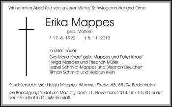 Traueranzeige von Erika Mappes von Echo-Zeitungen (Gesamtausgabe)