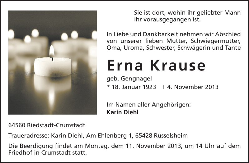  Traueranzeige für Erna Krause vom 08.11.2013 aus Rüsselsheimer Echo, Groß-Gerauer-Echo, Ried Echo