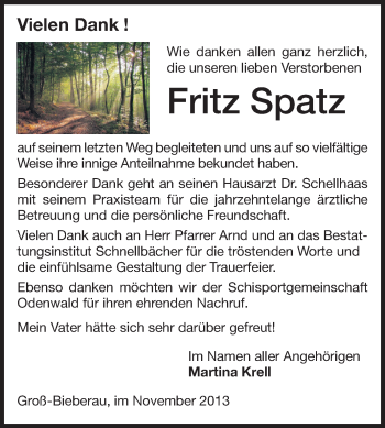 Traueranzeige von Fritz Spatz von Echo-Zeitungen (Gesamtausgabe)