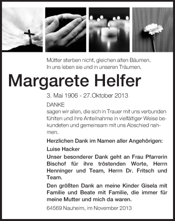 Traueranzeige von Margarete Helfer von Rüsselsheimer Echo, Groß-Gerauer-Echo, Ried Echo