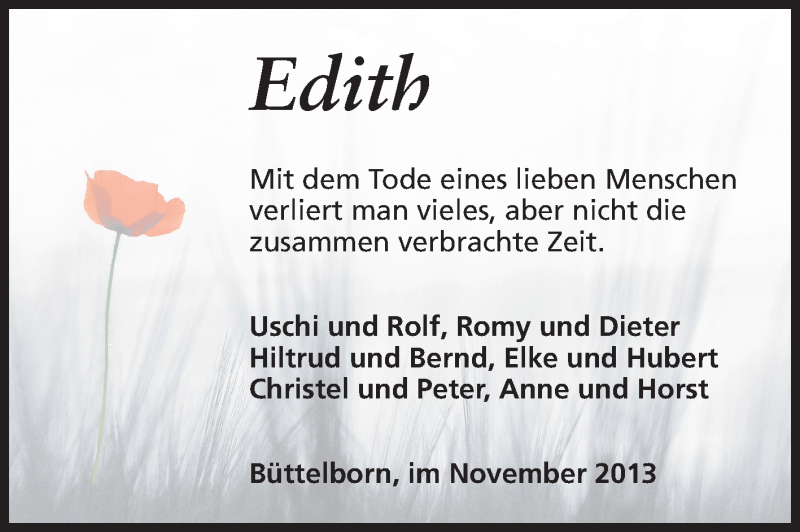  Traueranzeige für Edith  vom 08.11.2013 aus Rüsselsheimer Echo, Groß-Gerauer-Echo, Ried Echo