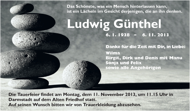  Traueranzeige für Ludwig Günthel vom 09.11.2013 aus Darmstädter Echo
