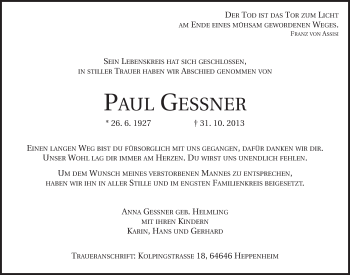 Traueranzeige von Paul Gessner von Starkenburger Echo