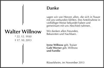 Traueranzeige von Walter Willnow von Rüsselsheimer Echo, Groß-Gerauer-Echo, Ried Echo