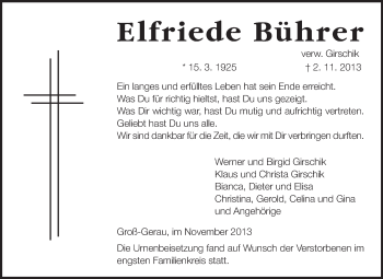 Traueranzeige von Elfriede Bührer von Rüsselsheimer Echo, Groß-Gerauer-Echo, Ried Echo