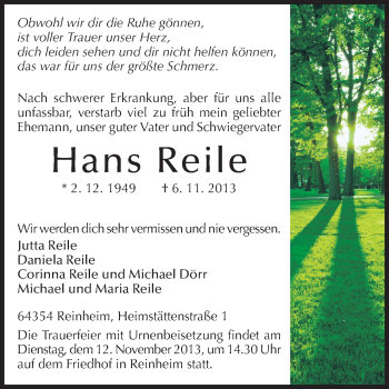 Traueranzeige von Hans Reile von Darmstädter Echo, Odenwälder Echo, Rüsselsheimer Echo, Groß-Gerauer-Echo, Ried Echo
