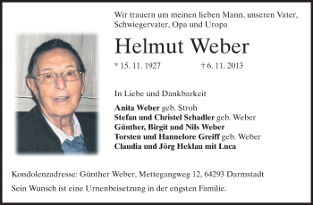 Traueranzeige von Helmut Weber von Echo-Zeitungen (Gesamtausgabe)