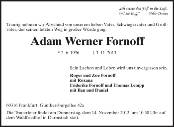 Traueranzeige von Adam Werner Fornoff von Echo-Zeitungen (Gesamtausgabe)