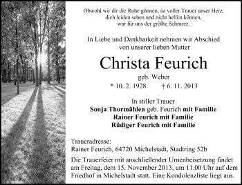 Traueranzeige von Christa Feurich von Odenwälder Echo