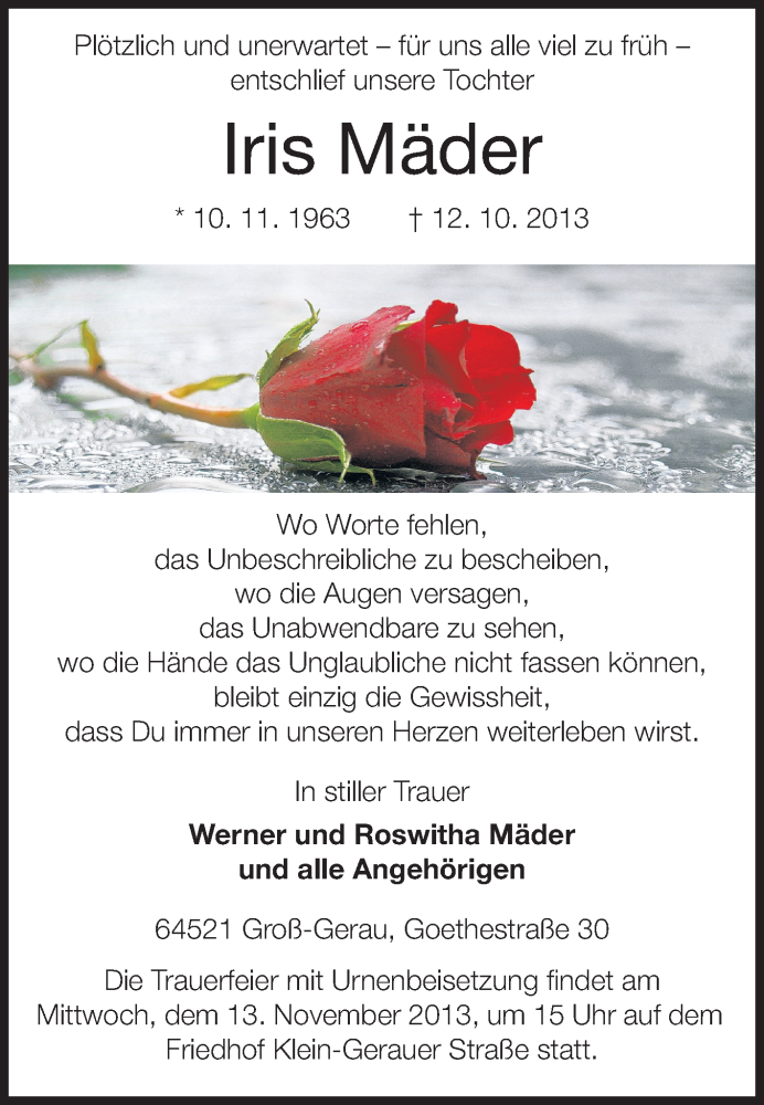  Traueranzeige für Iris Mäder vom 11.11.2013 aus Rüsselsheimer Echo, Groß-Gerauer-Echo, Ried Echo